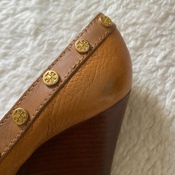 Tory Burch Royal Tan Leather Wedge Peep-Toe Sandals – Women’s 6.5 - Picture 11 of 16